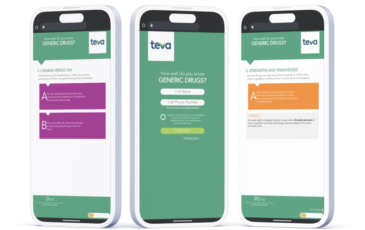 Mobile screens showing Teva Triva quiz questions with multiple-choice answers and progress tracking