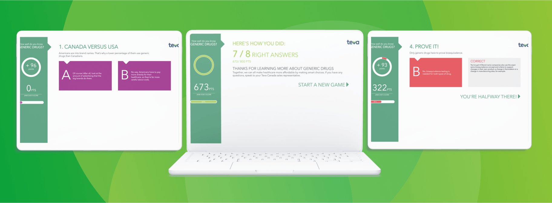 Screens showing user progress through Teva Triva quiz on generic drugs with score indicators and CTA button