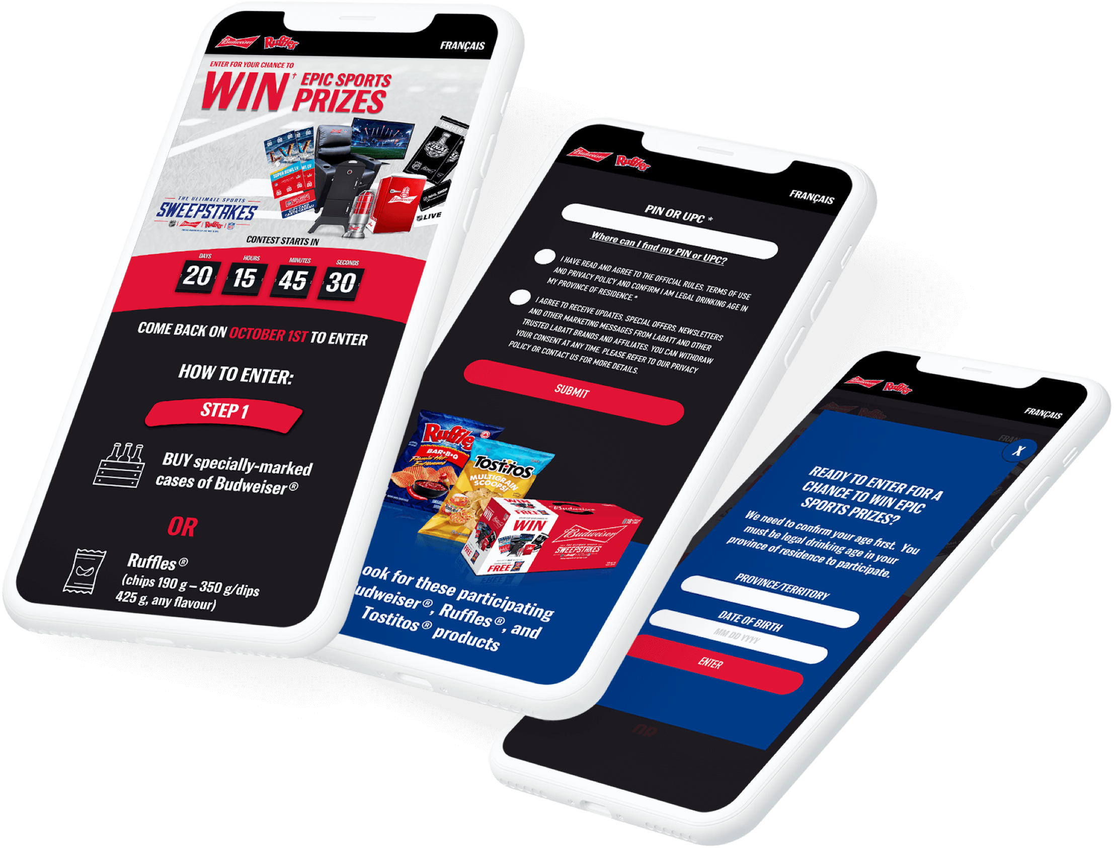 Contest marketing microsite on mobile for Budweiser and Ruffles that was developed by Elite Digital.