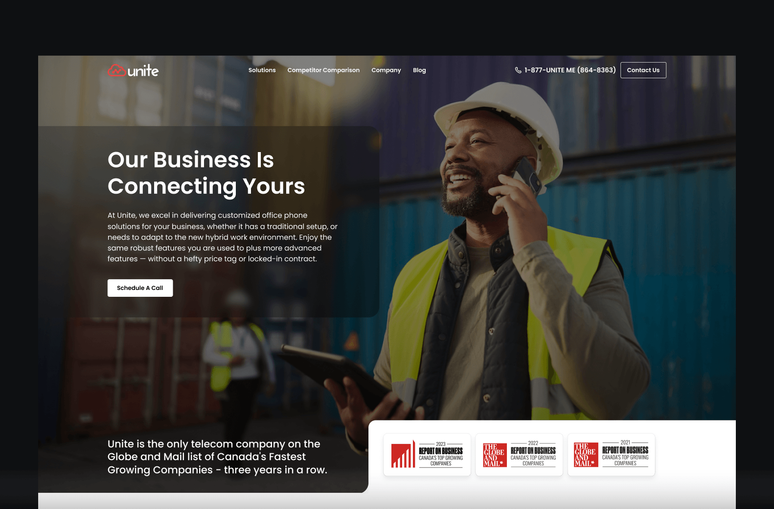 Unite homepage design featuring “Our Business Is Connecting Yours” headline