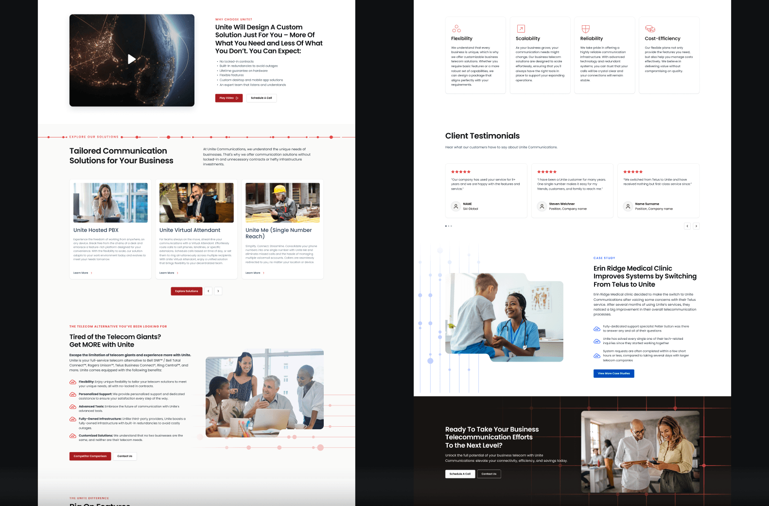 Unite website page designs showing services layout, testimonials, and content sections