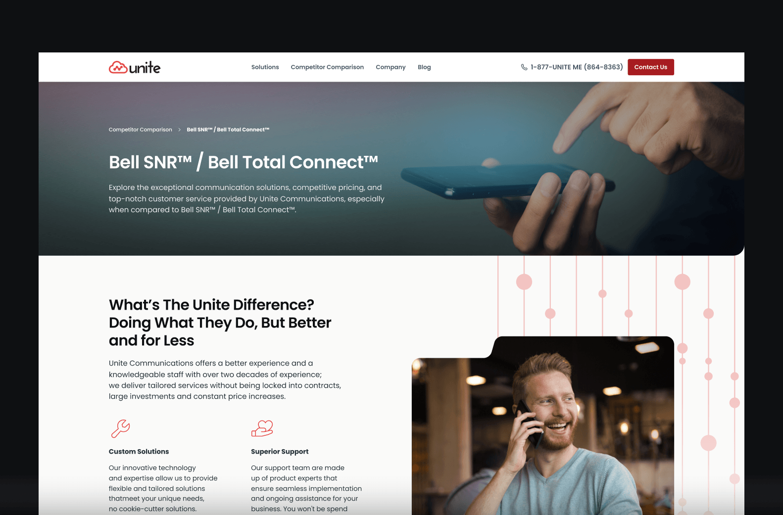 Unite competitor comparison page header for Bell SNR and Bell Total Connect