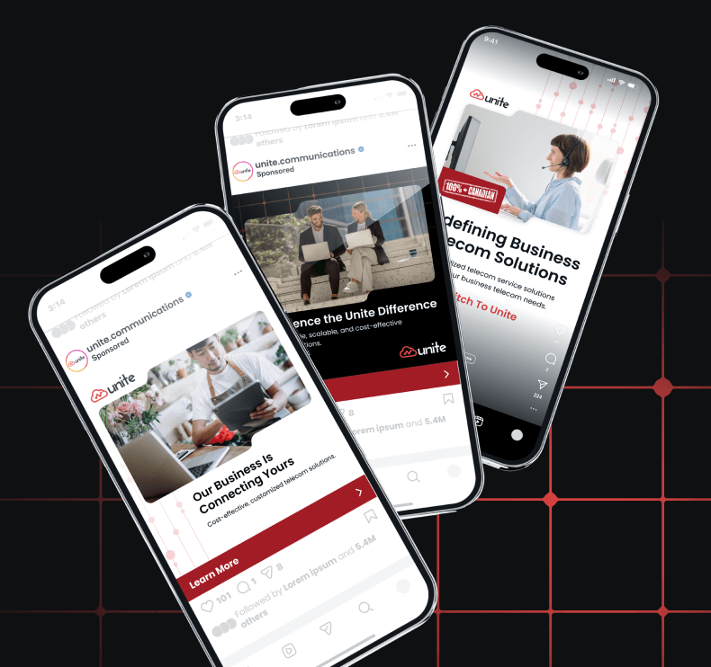 Unite digital ads and landing page designs shown on mobile screens