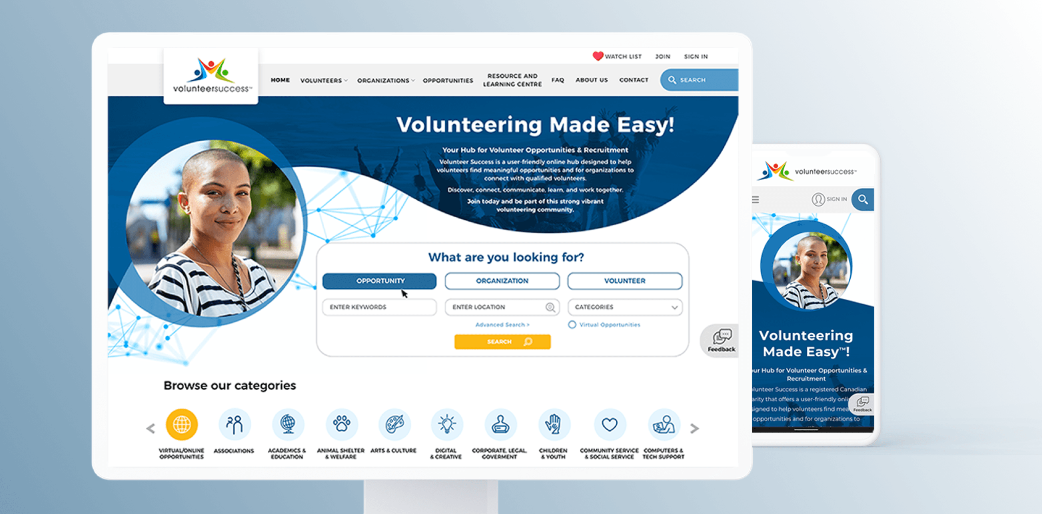 Volunteer Success web application homepage with search filters for volunteers, organizations, and opportunities