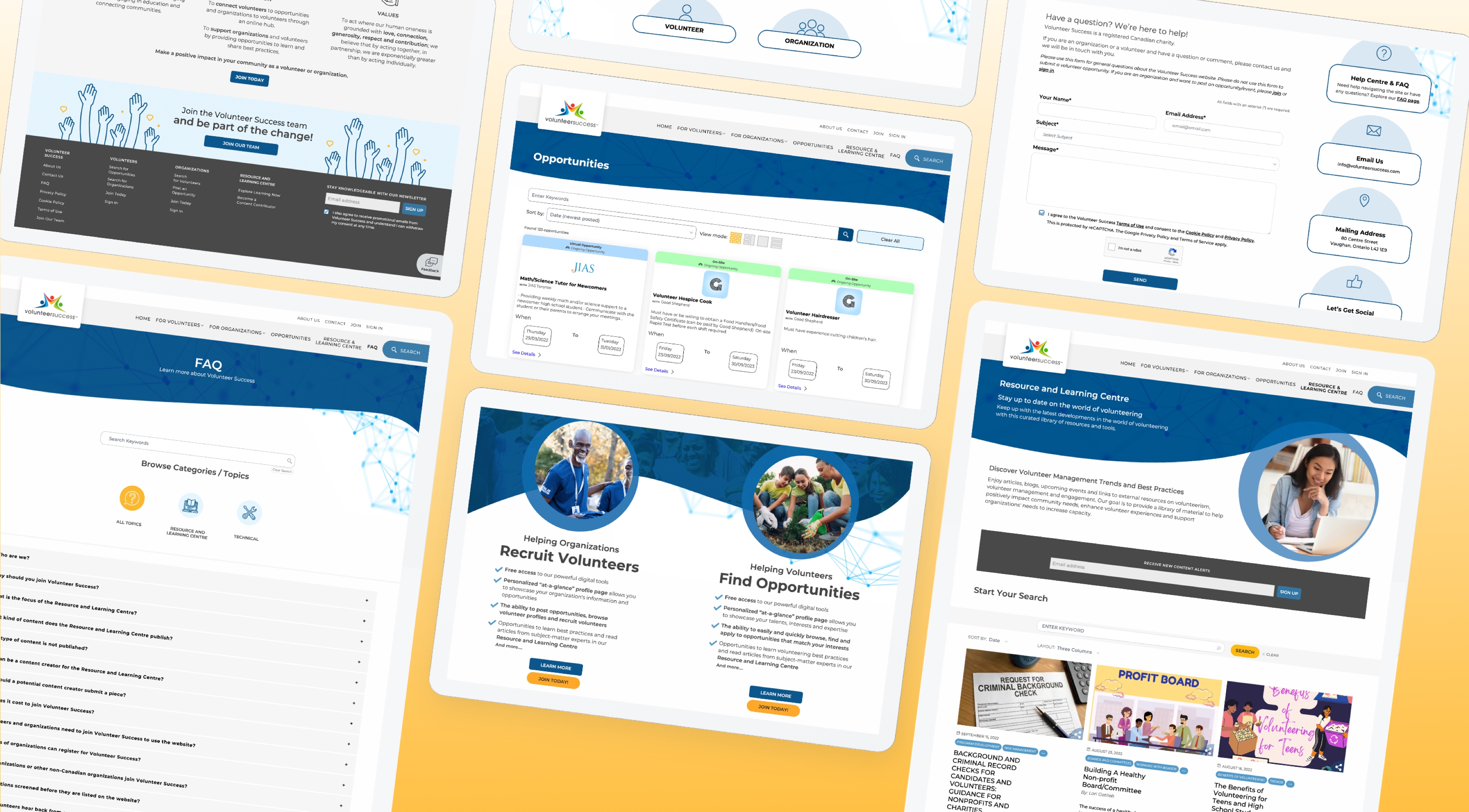 Volunteer Success platform views showing FAQs, opportunity listings, user dashboard, and learning resources
