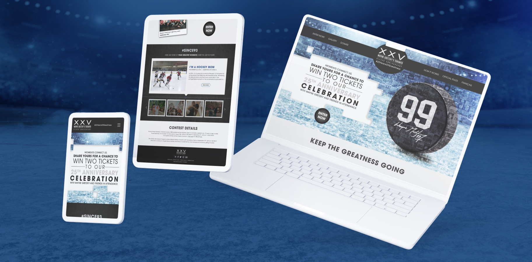 Wayne Gretzky’s 25th anniversary microsite and tablet showing digital celebration hub with branded ice rink visuals