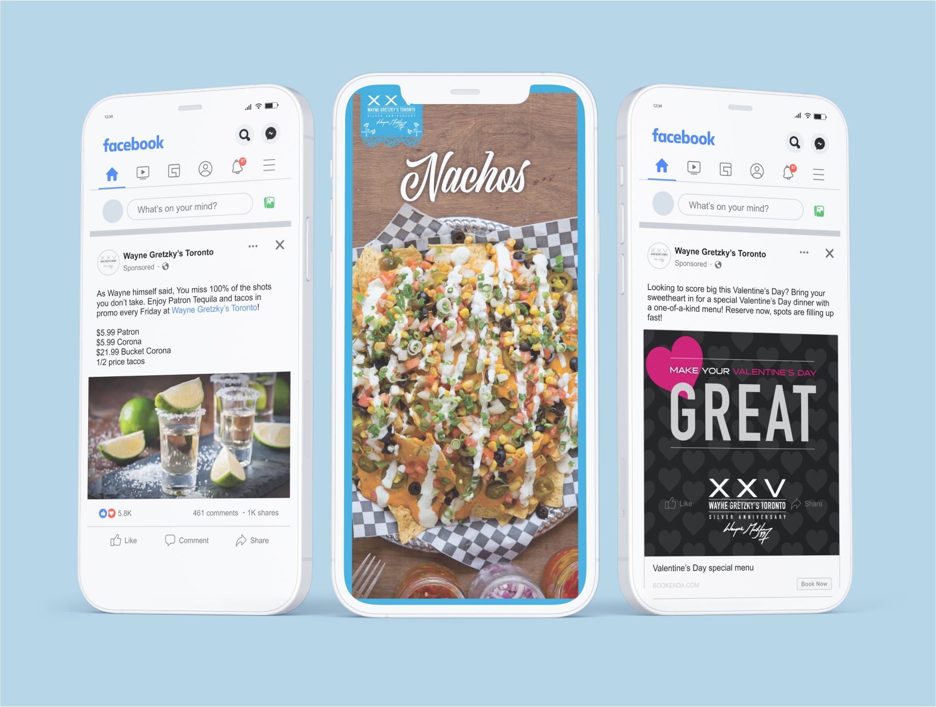 Wayne Gretzky’s Restaurant social campaign visuals including Facebook ad, Instagram story for nachos, and Valentine’s Day promo