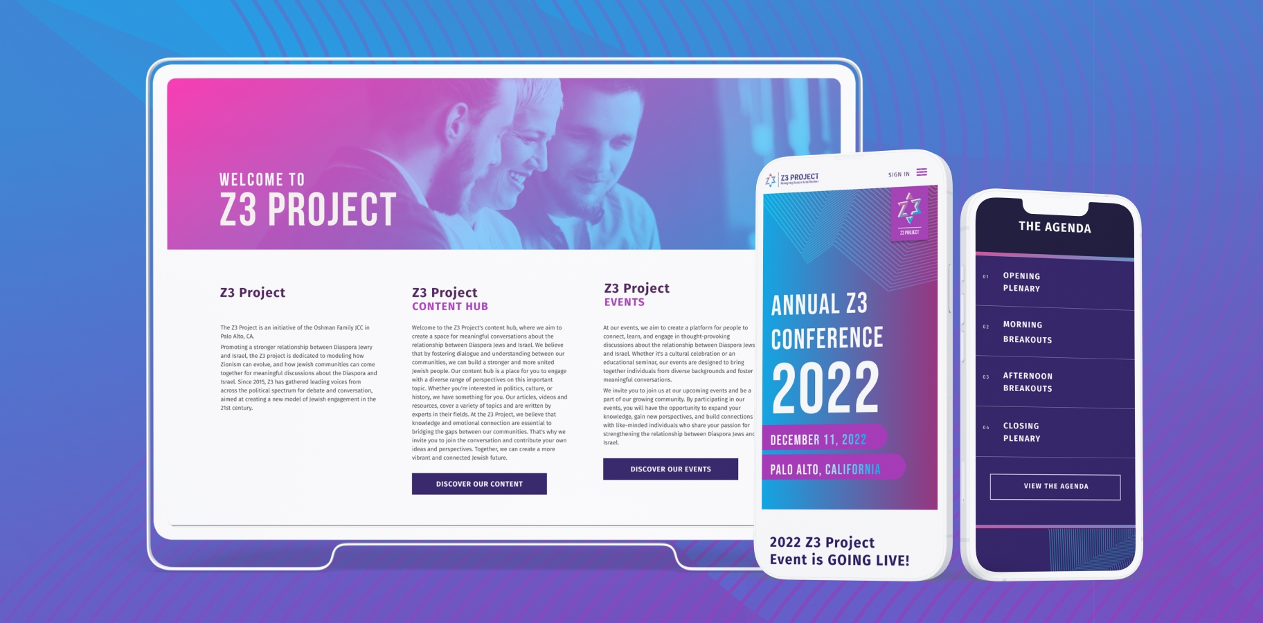 The Z3 Project digital platform mockup with event branding and mobile agenda interface