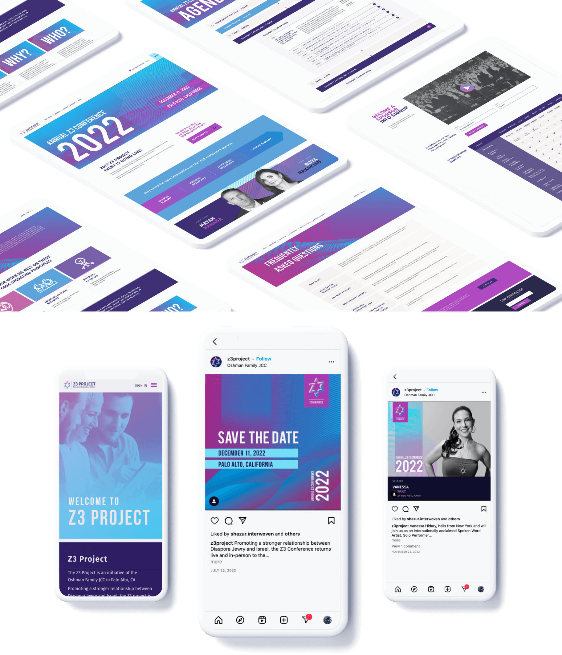 Top image is tablet mockups showing Z3 Project website pages: speaker profiles, FAQs, and event registration details. Bottom image is instagram social media posts for Z3 Project: welcome graphic, save the date notice, and featured speaker Vanessa.