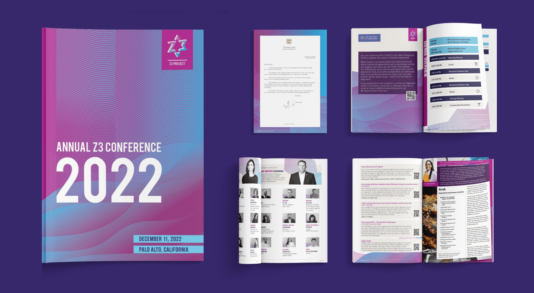 Z3 Project printed conference booklet, welcome letter, and program schedule with branding in purple and cyan