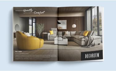 Print magazine ad for Decorium featuring a modern living room with yellow and grey furniture and the tagline ‘Quality Meets Comfort’