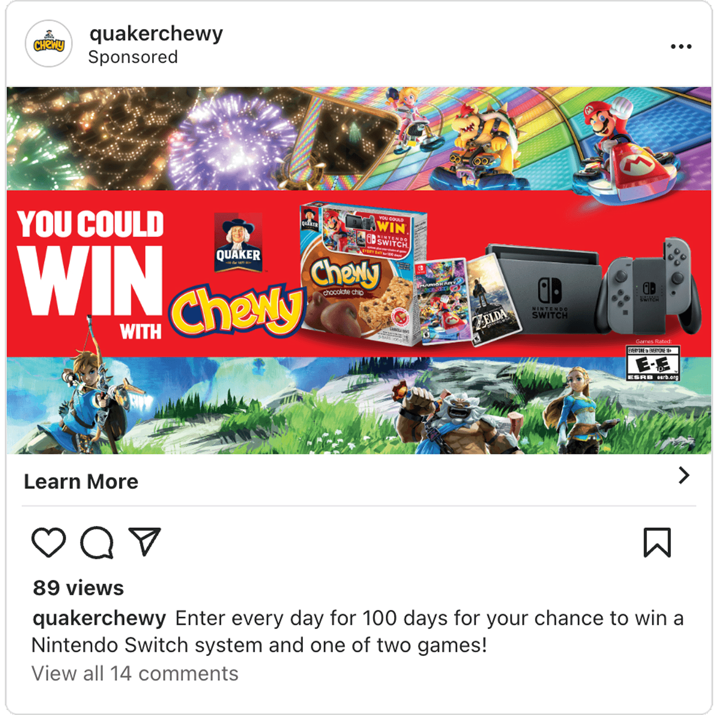 Sponsored instagram post of the Quaker Chewy's contest