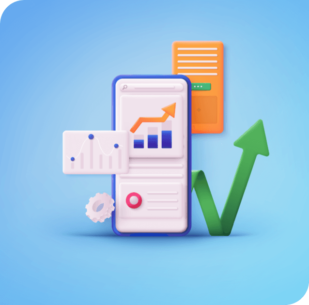 Mobile phone, graphs and analytics indicating different digital metrics