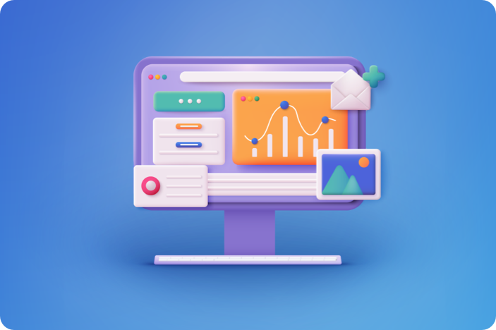  Icon with computer and graphs, metrics, and other digital marketing imagery.