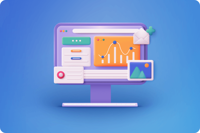  Icon with computer and graphs, metrics, and other digital marketing imagery.