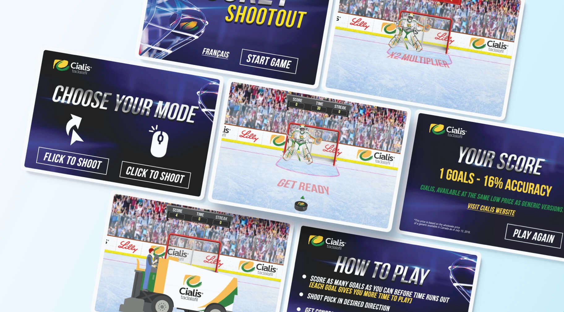 Webpages of hockey shootout game that Elite Digital developed for Cialis.