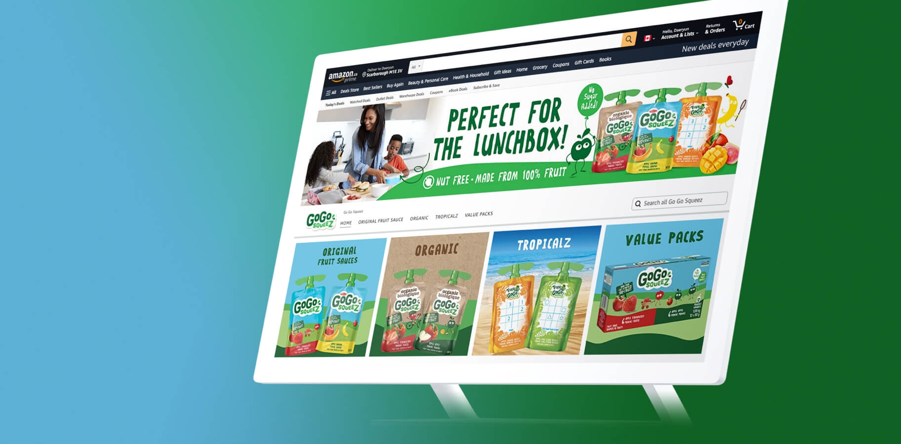 Amazon brand store that Elite Digital created for GoGo Squeez