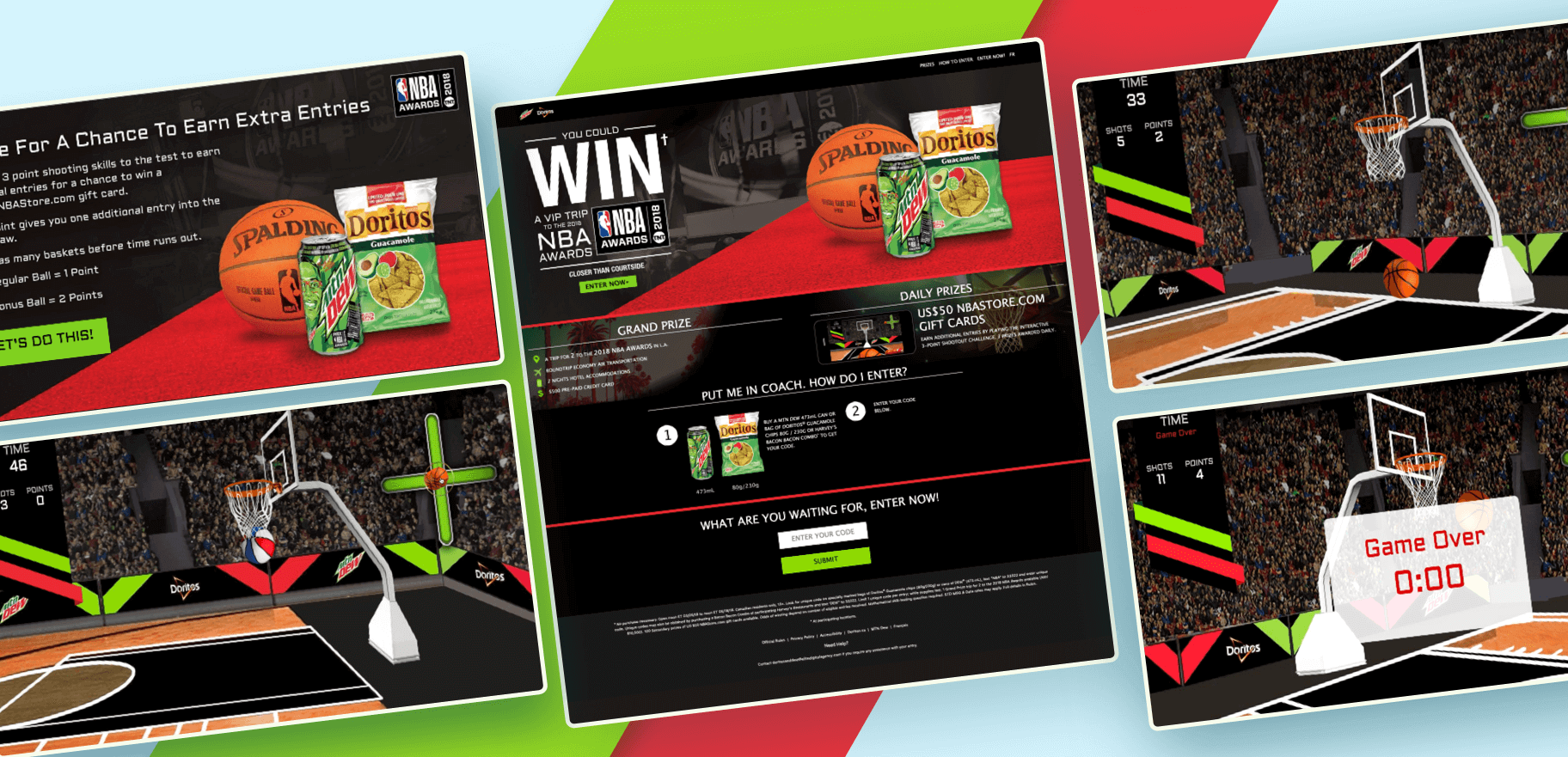Webpages of gamified contest Elite Digital created for Mountain Dew and Doritos.