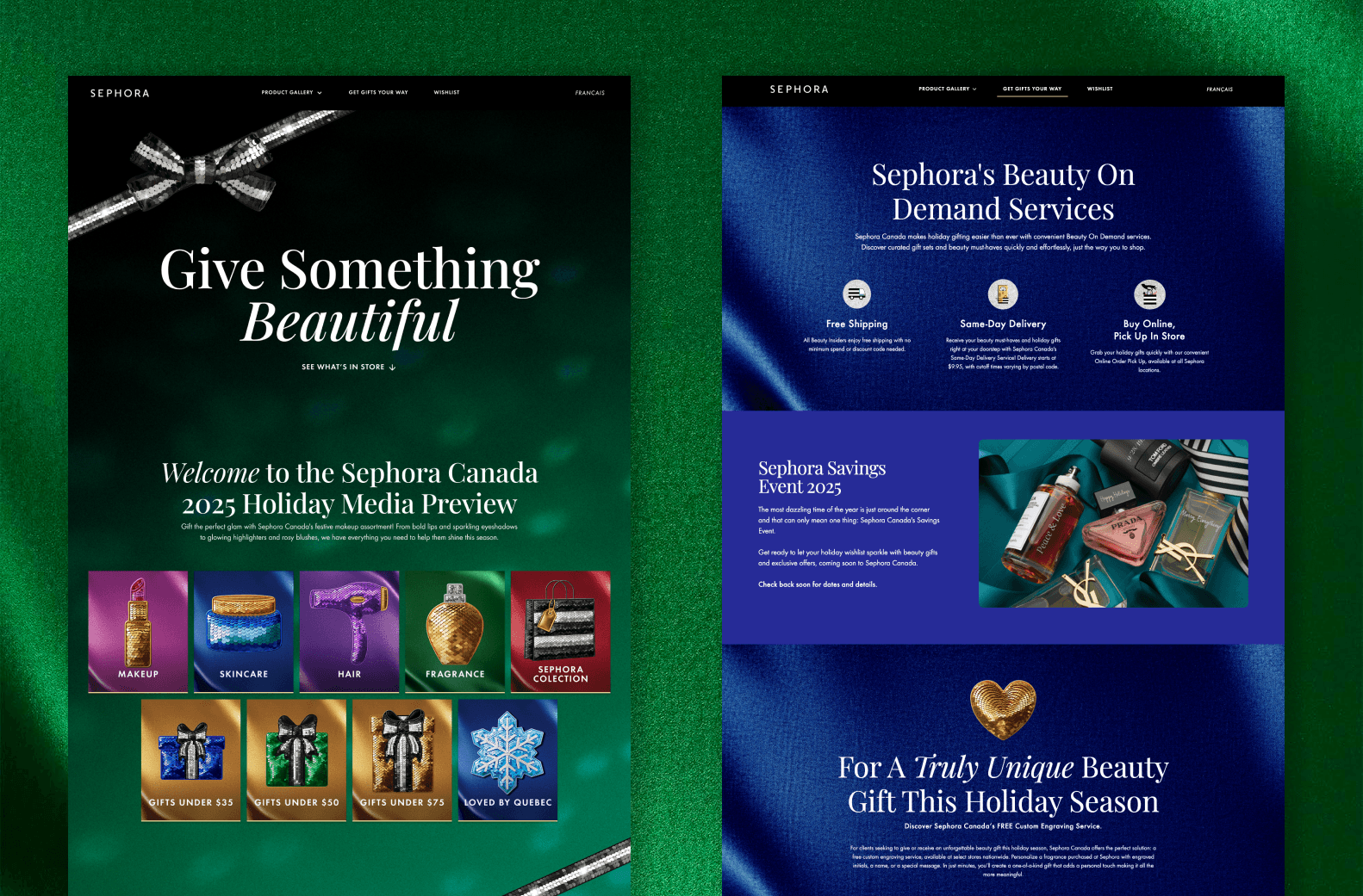 Sephora Holiday Micro-Site section highlighting holiday gifting categories