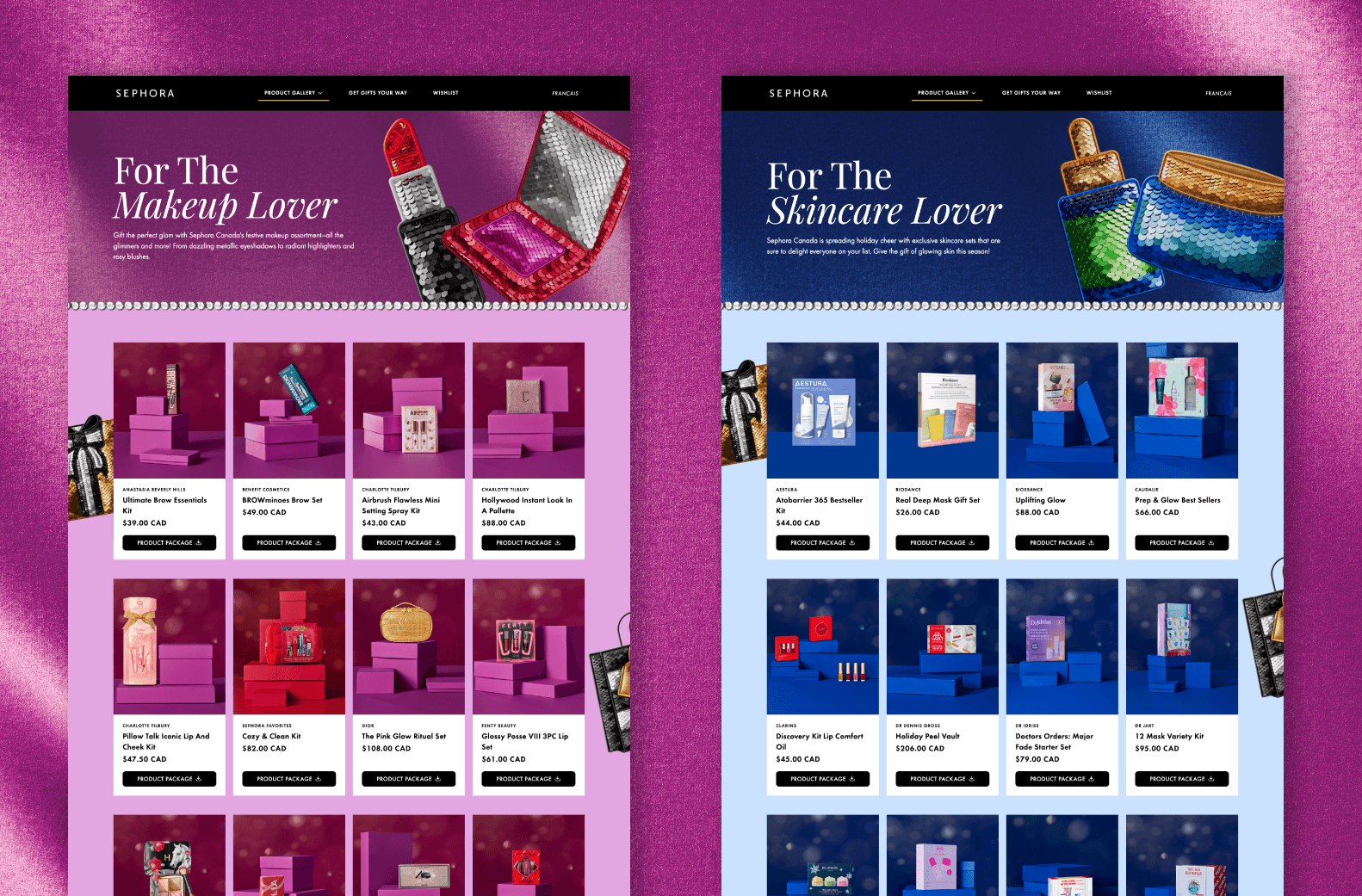 Sephora Holiday Micro-Site makeup and skincare gift sets displayed in a product grid