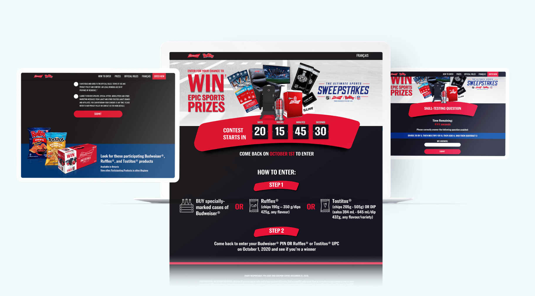 Contest marketing microsite on desktop for Budweiser and Ruffles that was developed by Elite Digital.