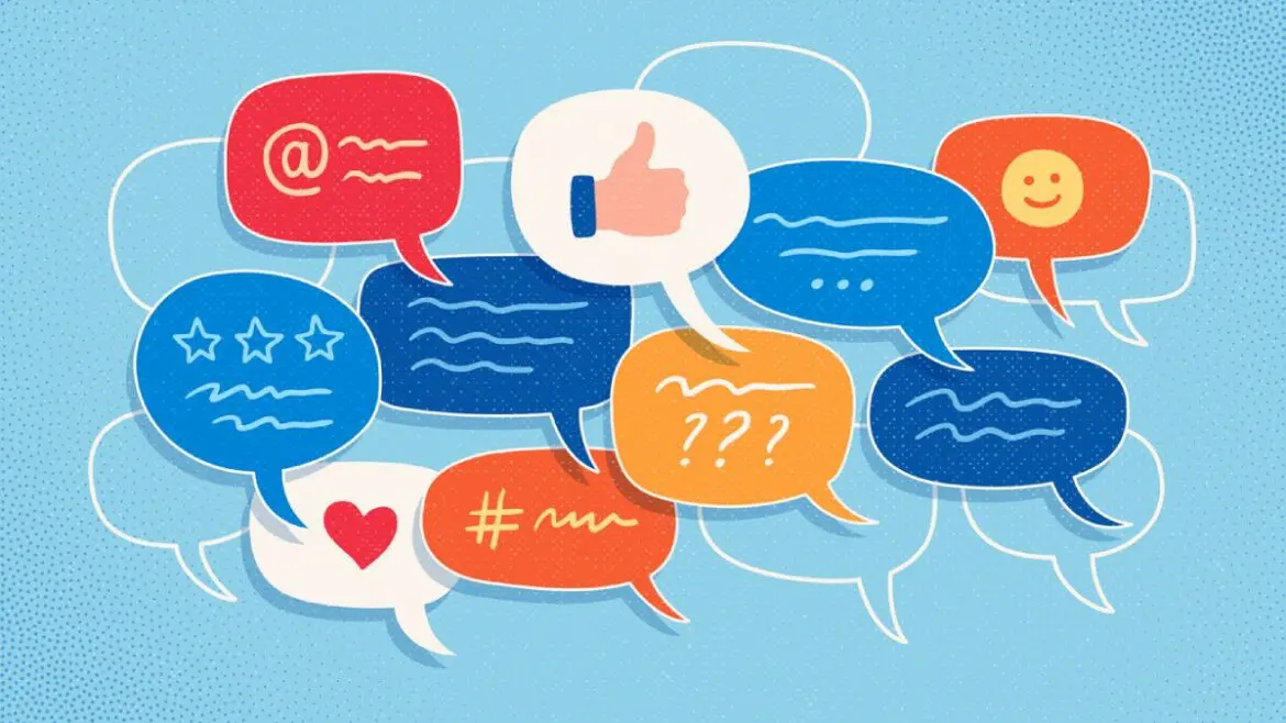 Illustrated graphic with colorful speech bubbles containing social media icons, representing online engagement and influencer marketing.