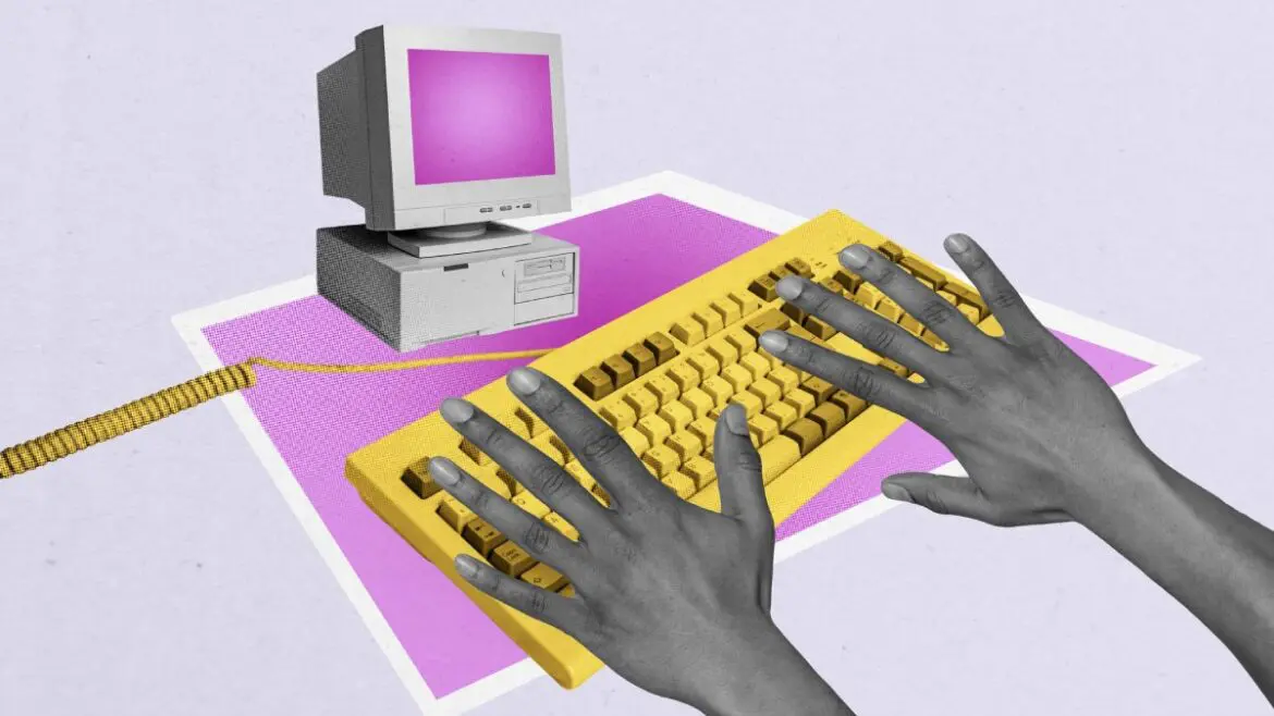 A digital collage of a vintage computer, a yellow keyboard, and retro technology, representing nostalgia marketing blending past and present elements.