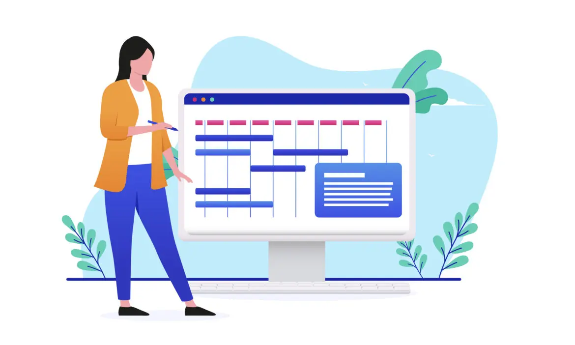 Vector imaging showcasing a female project manager working on managing projects on a computer screen.