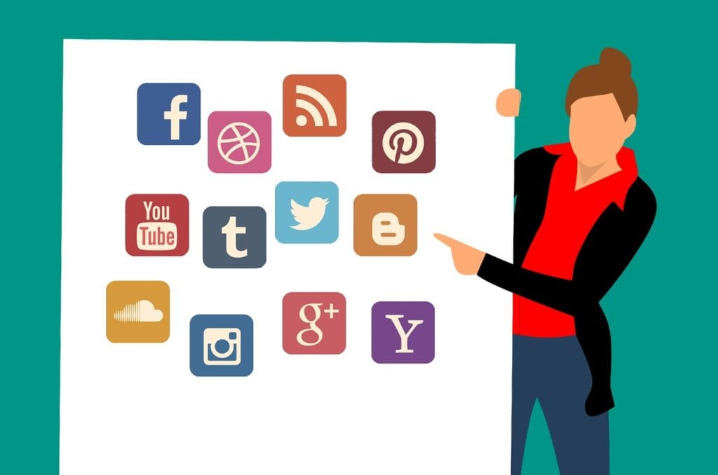 Graphic design image of woman pointing to board covered in social media logos