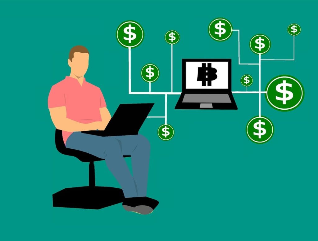 Graphic design image of man on computer surrounded by blockchain symbols