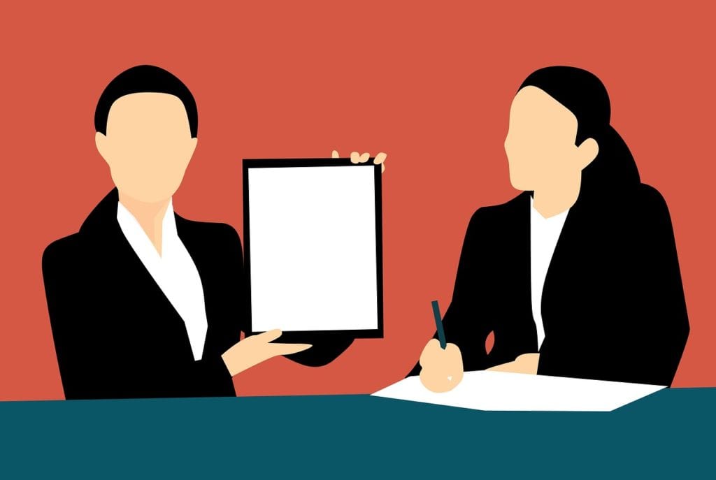 Graphic design image of two business women sitting side-by-side with work papers