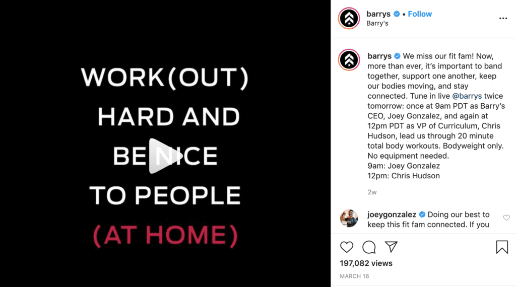 Barry's Bootcamp Instagram post about live-streaming workouts