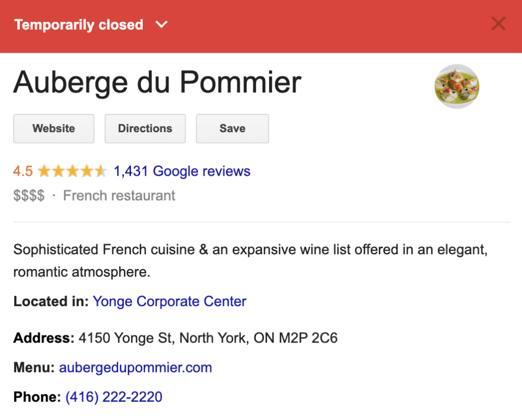 Auberge du Pommier Toronto temporarily close Google My Business listing