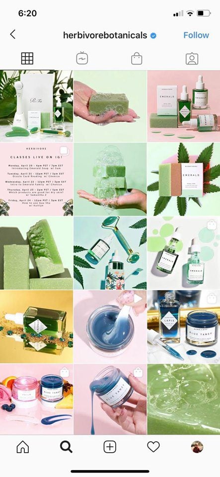 Herbivore Botanicals Instagram feed with brand aesthetic 