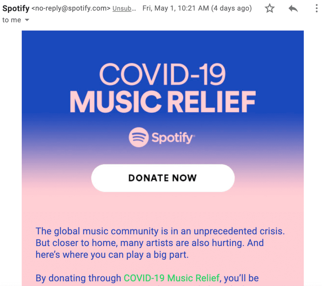 Spotify email marketing for COVID-19