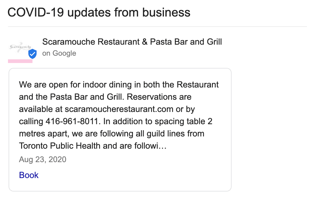 COVID-19 update from Scaramouche Restaurant on Google My Business