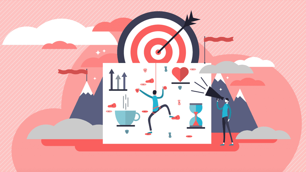 Climbing obstacles to reach a main goal illustration