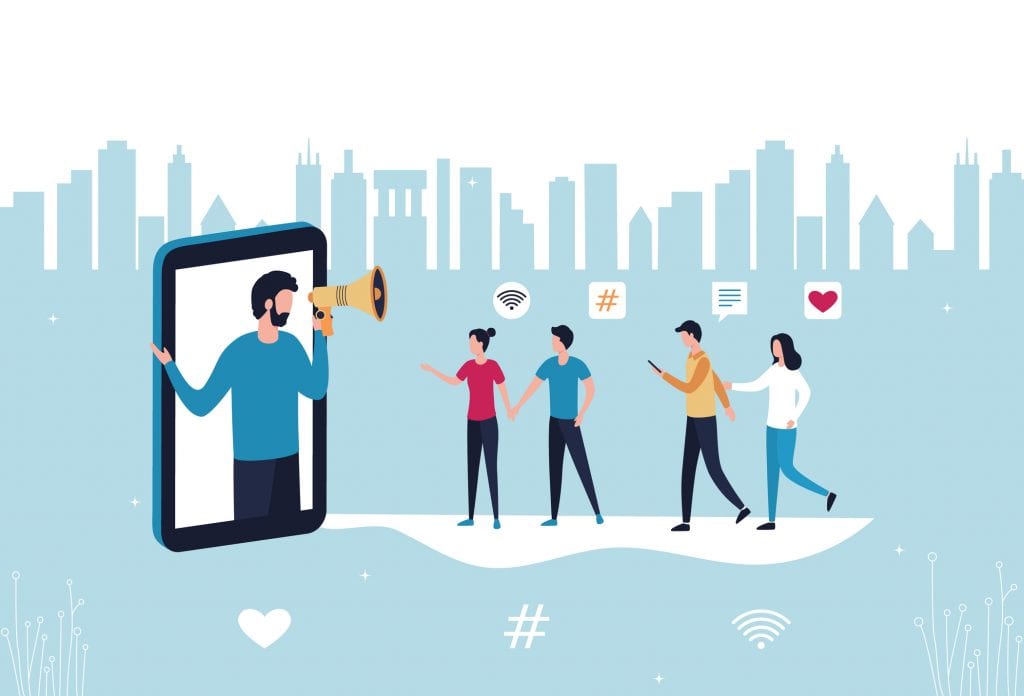 Influencer marketing referral on mobile phone. Man promoting services and products illustration.