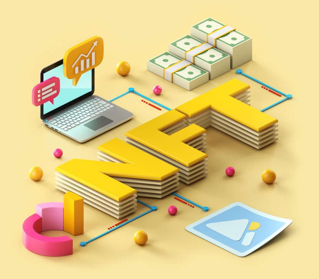 A netfx NFT showcased in a 3D illustration on a yellow background for marketing purposes.