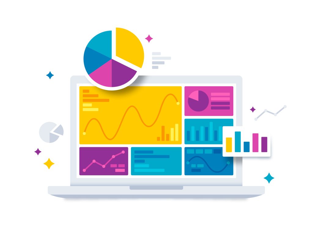 Vector image of analytics data analysis and laptop with bar graphs, pie charts and data 