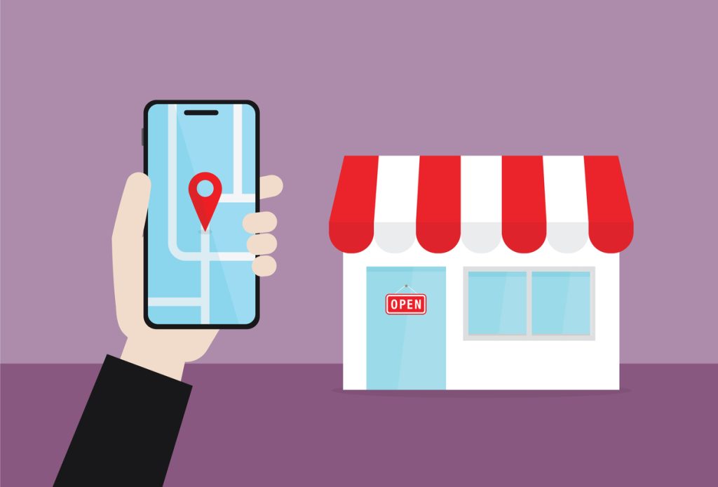 Vector Illustration with person using maps on a mobile phone in-front of store