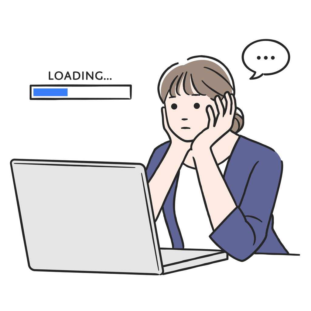 A woman in a suit who is tired of waiting for a long loading landing page from Google Ads