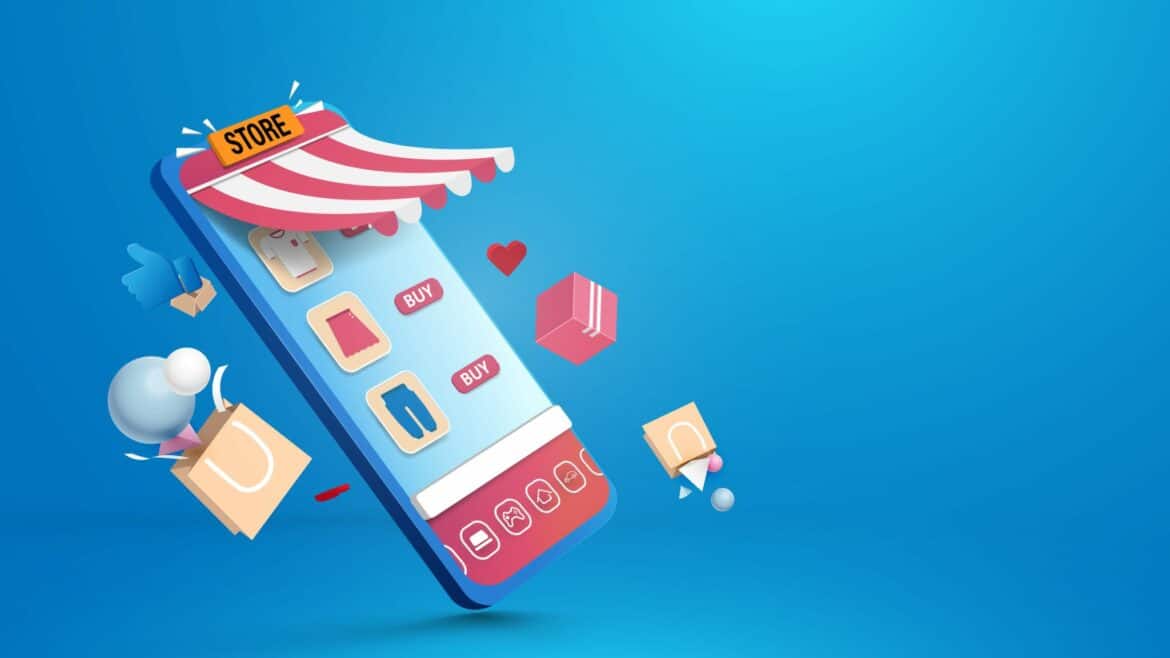 Shopping online in smartphone application. Digital marketing Vector illustration