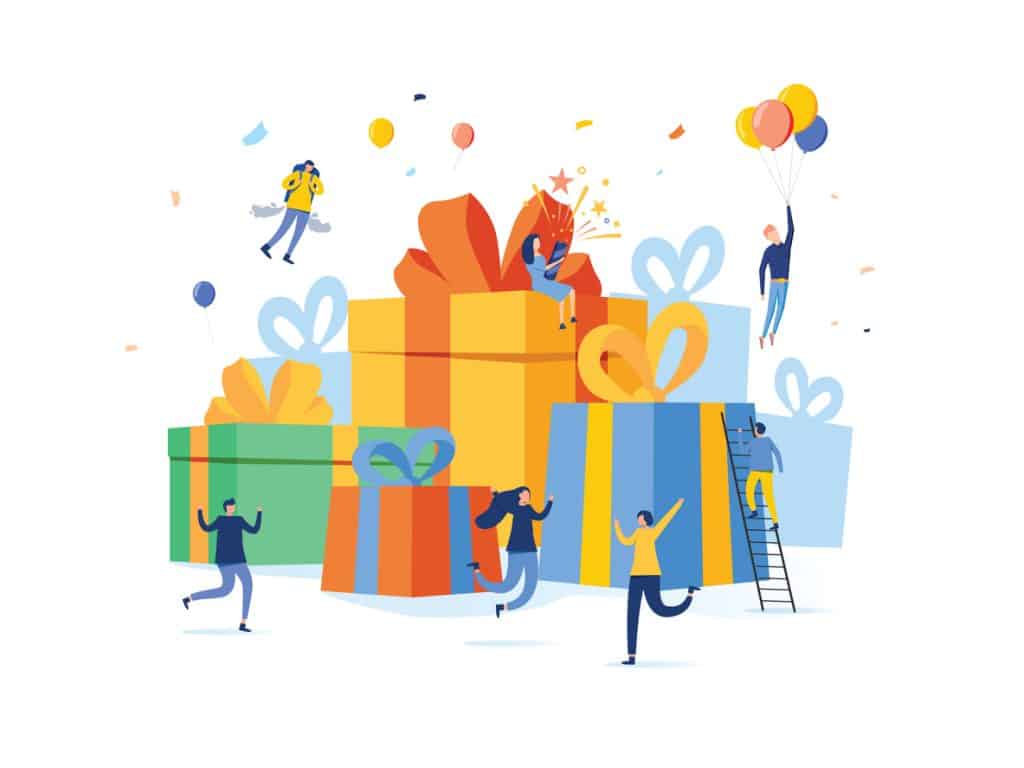 Vector Illustration of group of happy people with pile of big gift boxes