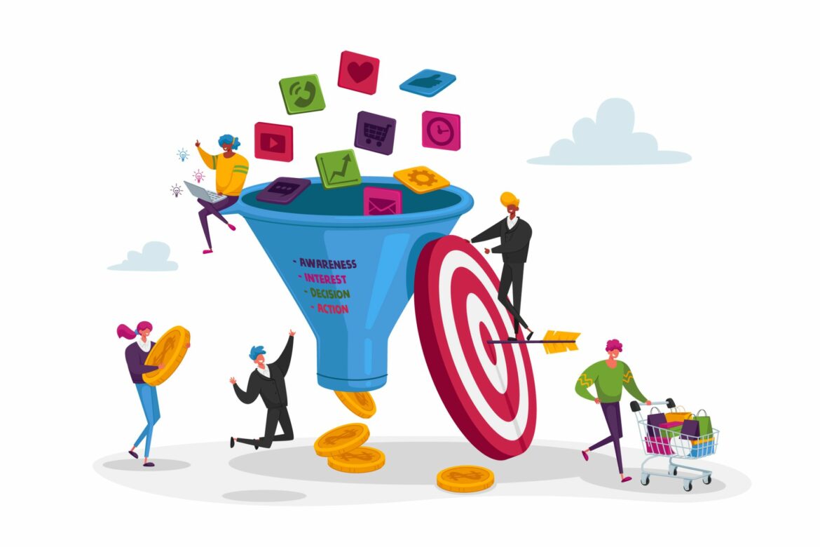 Funnel Marketing. Tiny Characters Put Money into Huge Sales Funnel.