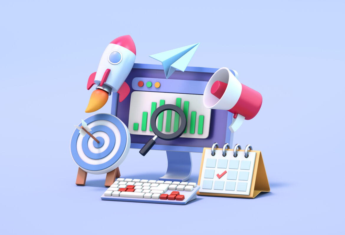 3D Illustration of a computer, rocket, target, paper airplane, megaphone, calendar, web page, and magnifying glass.