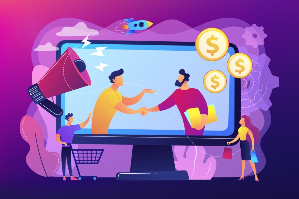 Tech-based image of affiliate marketing with several icons and two people holding hands.