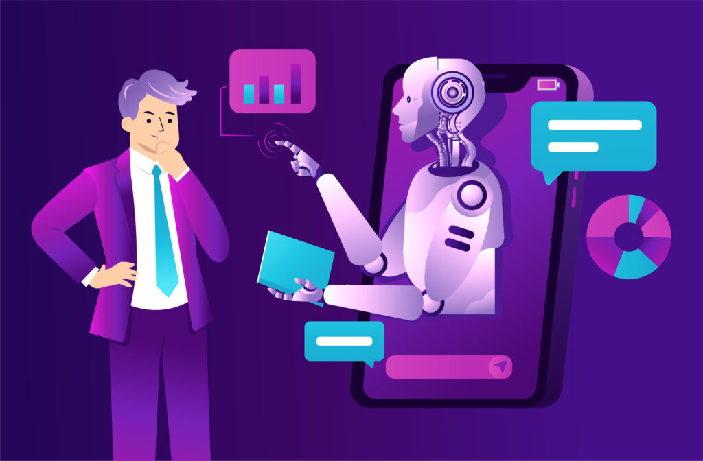 Cartoon man looking at AI robot on a phone screen providing data-driven suggestions.