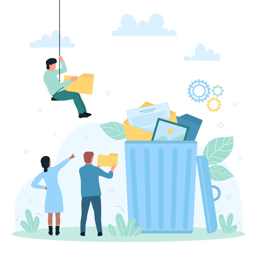 Group of drawn characters pointing at trash bin with tablets, paper and gears in them in reference to spring cleaning a digital marketing strategy