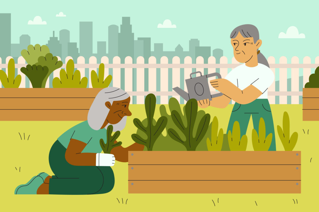 Two women in cartoon style planting, pruning, and watering a garden with a city in the background.